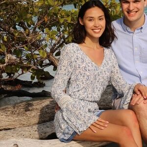 Hollister Blue and White Paisley Romper with Keyhole Back - XS